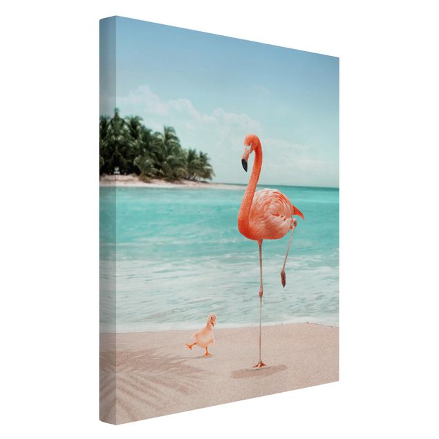 Canvas schilderijen Beach With Flamingo