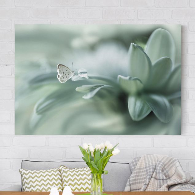 Canvas schilderijen Butterfly And Dew Drops In Pastel Green