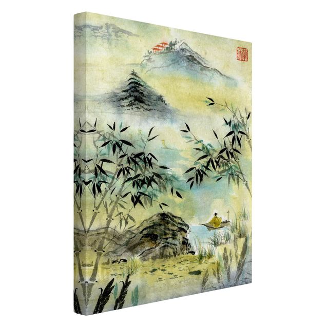 Canvas schilderijen Japanese Watercolour Drawing Bamboo Forest
