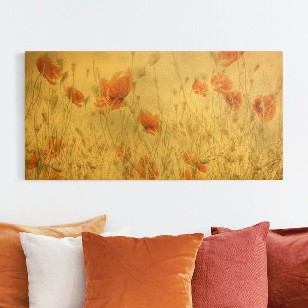 Canvas schilderijen - Goud Poppy Flowers And Grasses In A Field