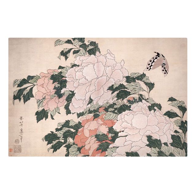 Canvas schilderijen Katsushika Hokusai - Pink Peonies With Butterfly