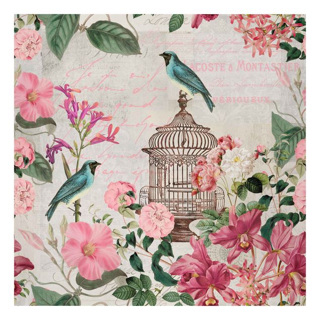 Canvas schilderijen Shabby Chic Collage - Pink Flowers And Blue Birds