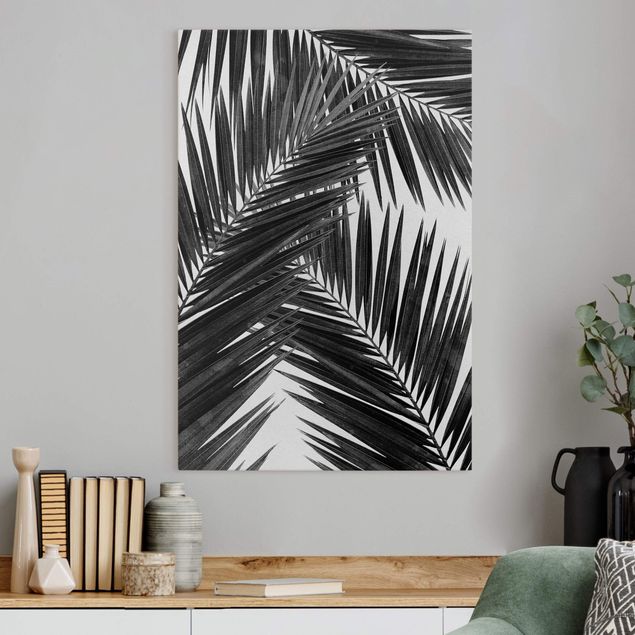 Canvas schilderijen View Through Palm Leaves Black And White