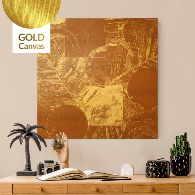 Canvas schilderijen - Goud Shapes And Leaves Copper II