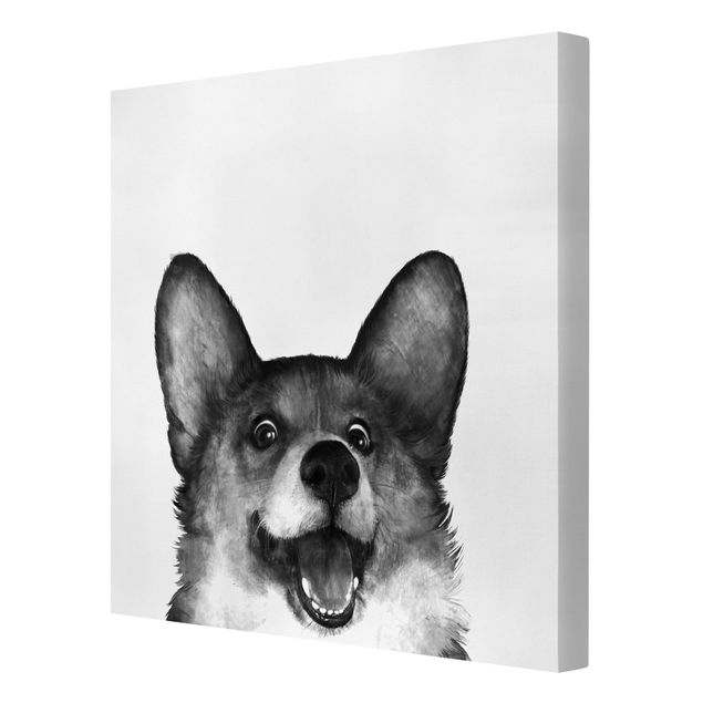 Canvas schilderijen Illustration Dog Corgi Black And White Painting