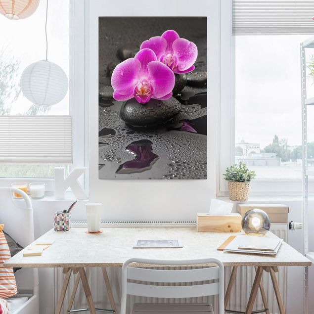 Canvas schilderijen Pink Orchid Flower On Stones With Drops