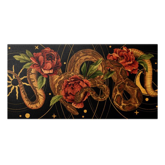 Canvas schilderijen - Goud Snakes With Roses On Black And Gold I