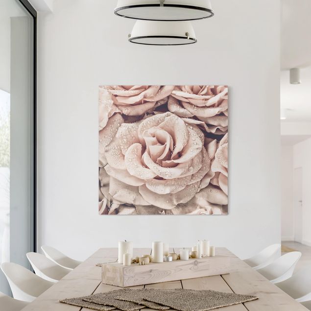 Canvas schilderijen Roses Sepia With Water Drops