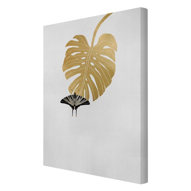 Canvas schilderijen Golden Monstera With Butterfly
