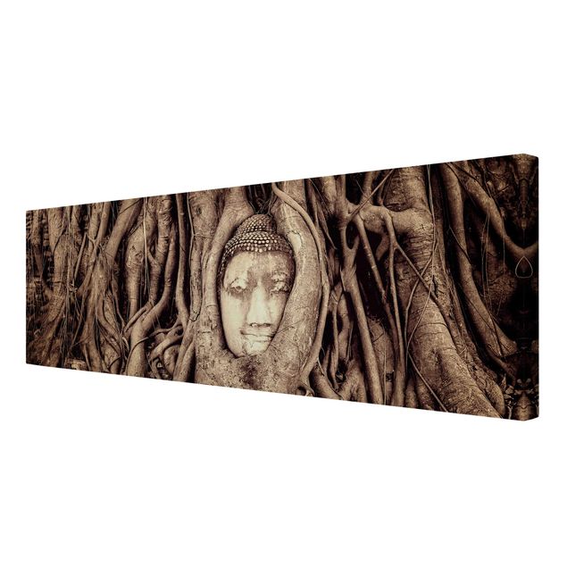 Canvas schilderijen Buddha In Ayutthaya Lined From Tree Roots In Brown