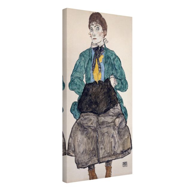 Canvas schilderijen Egon Schiele - Woman In Green Blouse With Muff