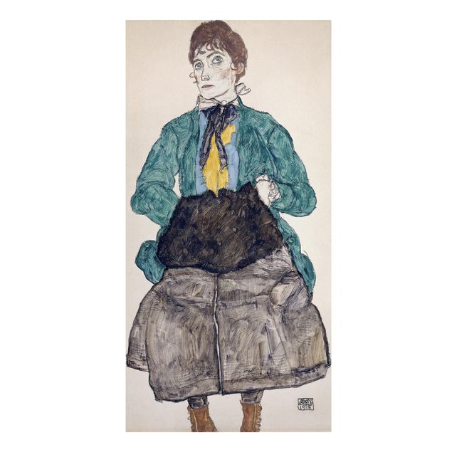 Canvas schilderijen Egon Schiele - Woman In Green Blouse With Muff