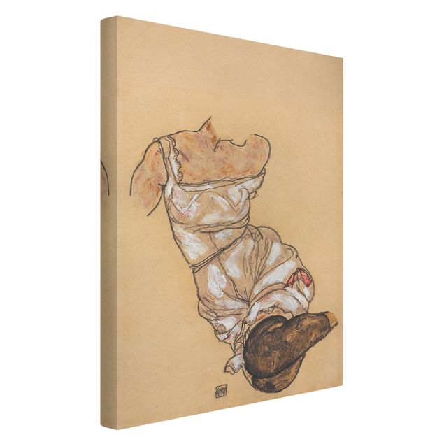 Canvas schilderijen Egon Schiele - Female torso in underwear and black stockings