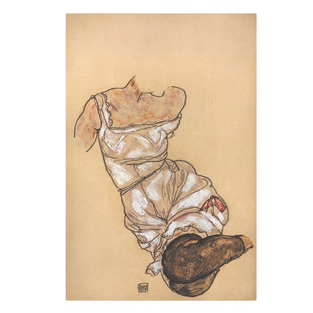 Canvas schilderijen Egon Schiele - Female torso in underwear and black stockings
