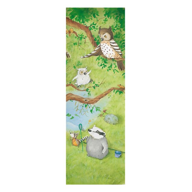 Canvas schilderijen Vasily Raccoon - Owl Chick Elsa Pulls Out