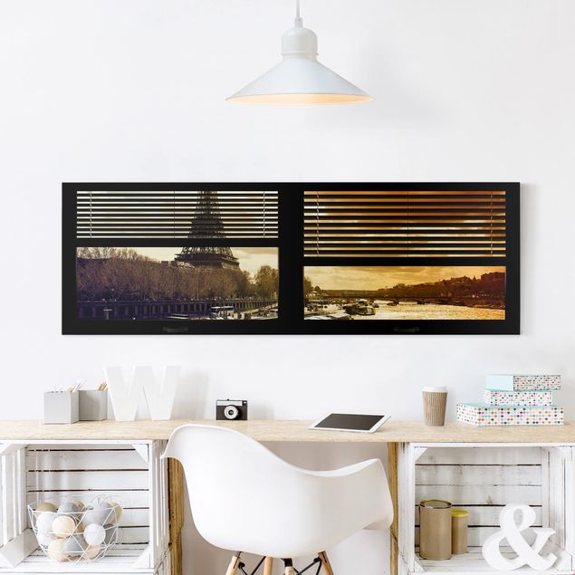 Canvas schilderijen Window View Blinds - Paris Eiffel Tower sunset