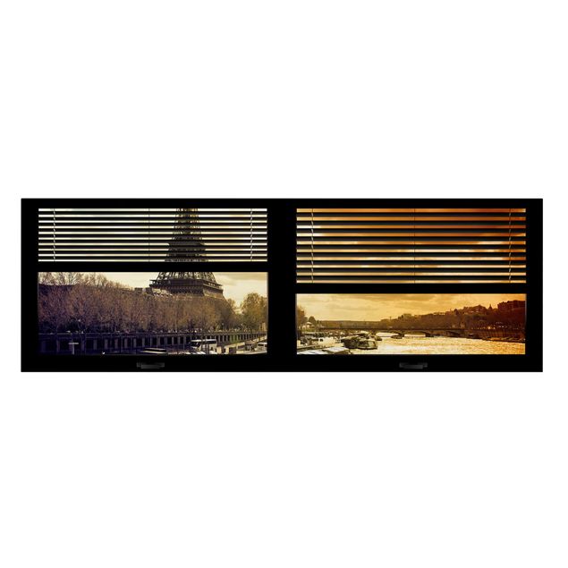 Canvas schilderijen Window View Blinds - Paris Eiffel Tower sunset