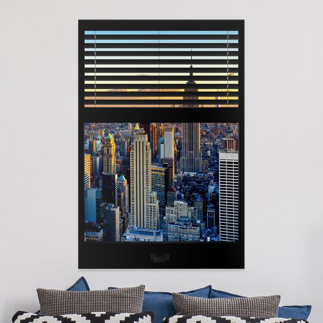 Canvas schilderijen Window View Blinds - Sunrise New York