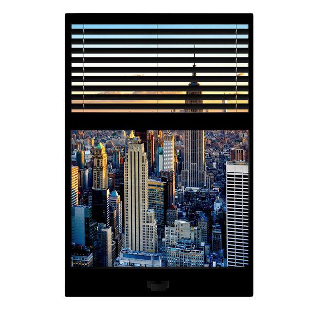 Canvas schilderijen Window View Blinds - Sunrise New York