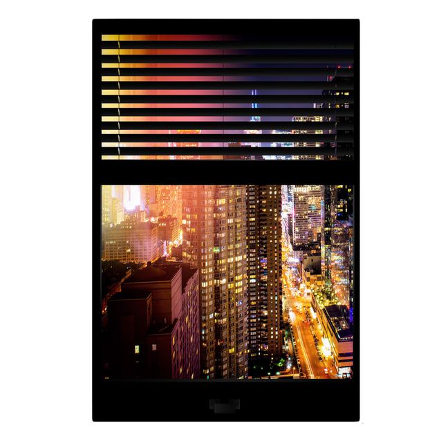 Canvas schilderijen Window View Blinds - Manhattan at night
