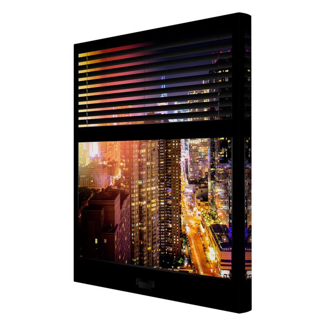 Canvas schilderijen Window View Blinds - Manhattan at night