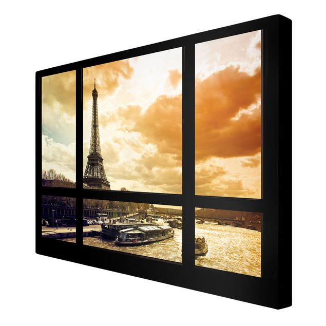 Canvas schilderijen Window view - Paris Eiffel Tower sunset