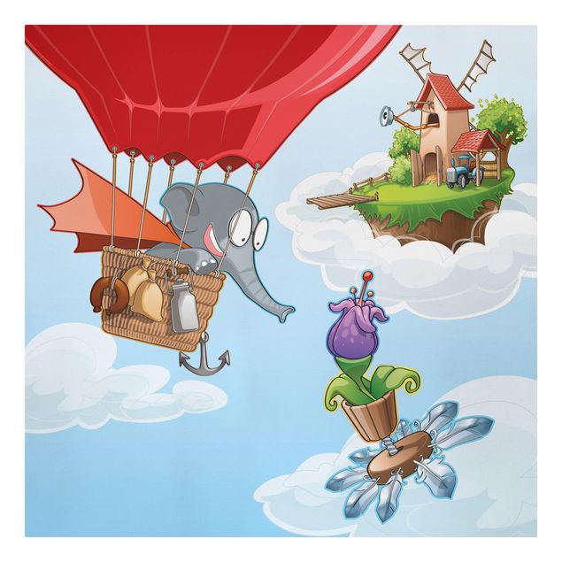 Canvas schilderijen Flying Elephant Farm In The Clouds