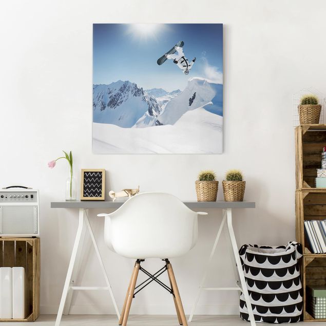 Canvas schilderijen Flying Snowboarder