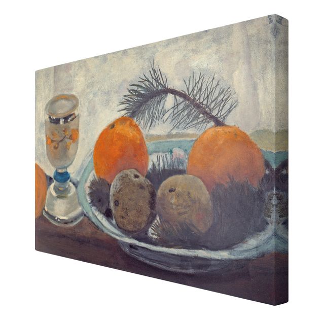 Canvas schilderijen Paula Modersohn-Becker - Still Life with frosted Glass Mug, Apples and Pine Branch
