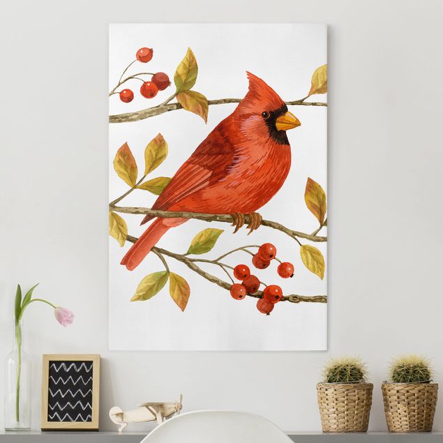 Canvas schilderijen Birds And Berries - Northern Cardinal