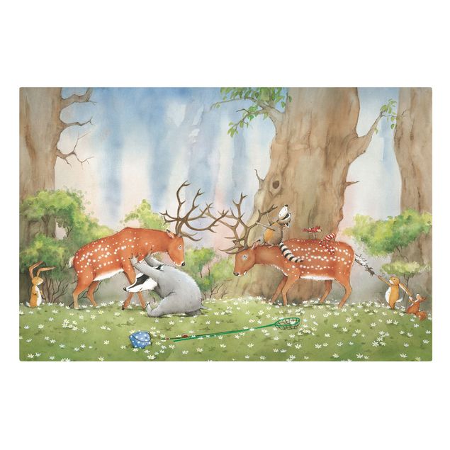 Canvas schilderijen Vasily Raccoon - Vasily Helps The Deer