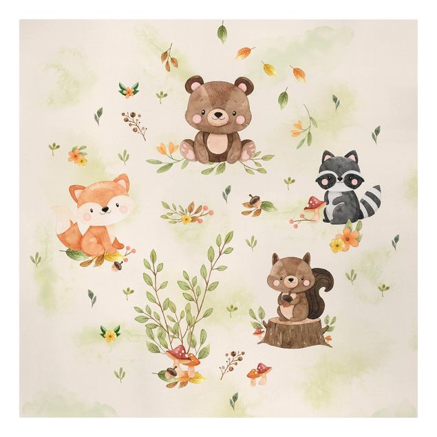 Canvas schilderijen Forest Animals Autumn Bear Squirrel Raccoon