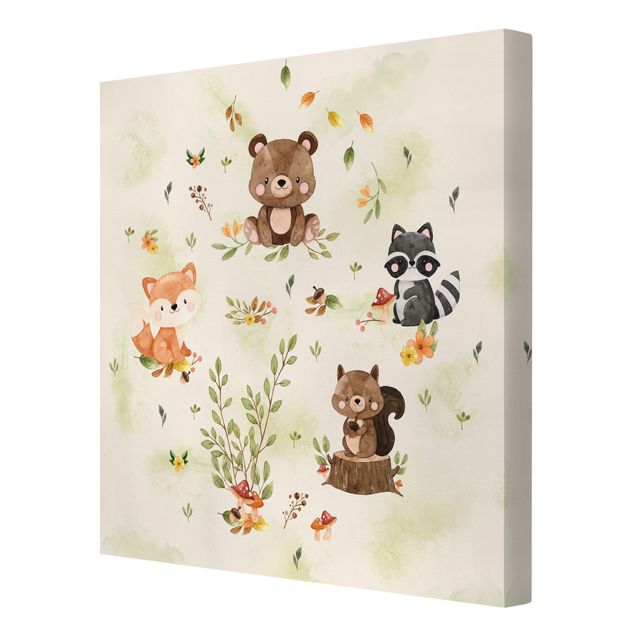 Canvas schilderijen Forest Animals Autumn Bear Squirrel Raccoon