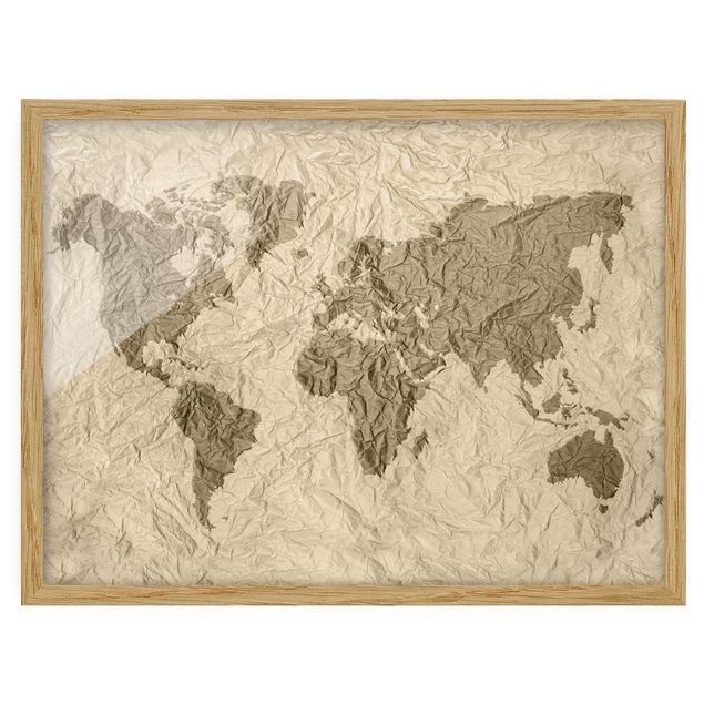 Ingelijste posters Paper World Map Beige Brown