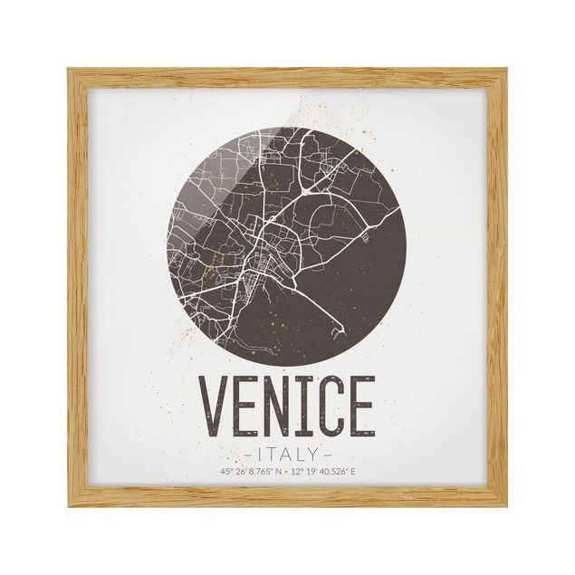 Ingelijste posters Venice City Map - Retro