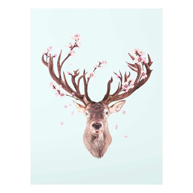 Glasschilderijen Deer With Cherry Blossoms
