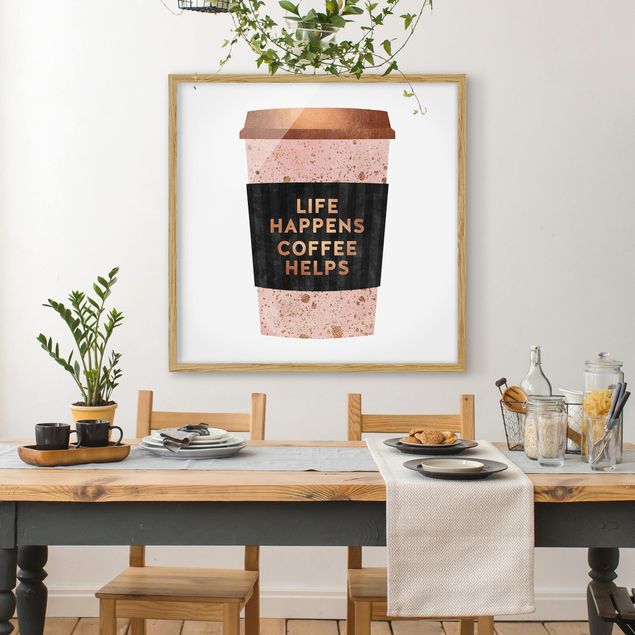 Ingelijste posters Life Happens Coffee Helps Gold