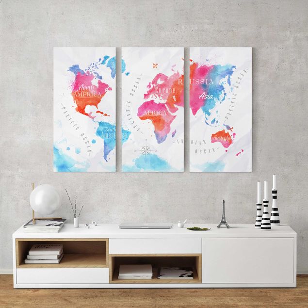 Canvas schilderijen - 3-delig World Map Watercolour Red Blue