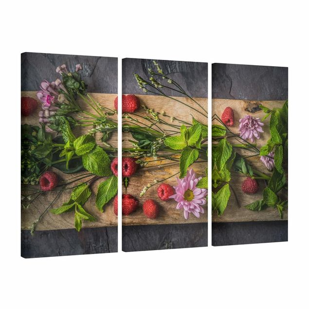 Canvas schilderijen - 3-delig Flowers Raspberries Mint