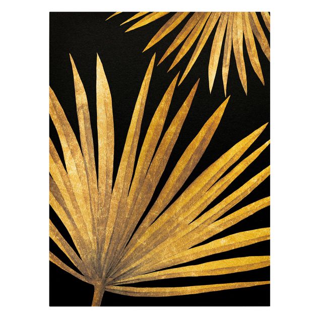Canvas schilderijen Gold - Palm Leaf On Black