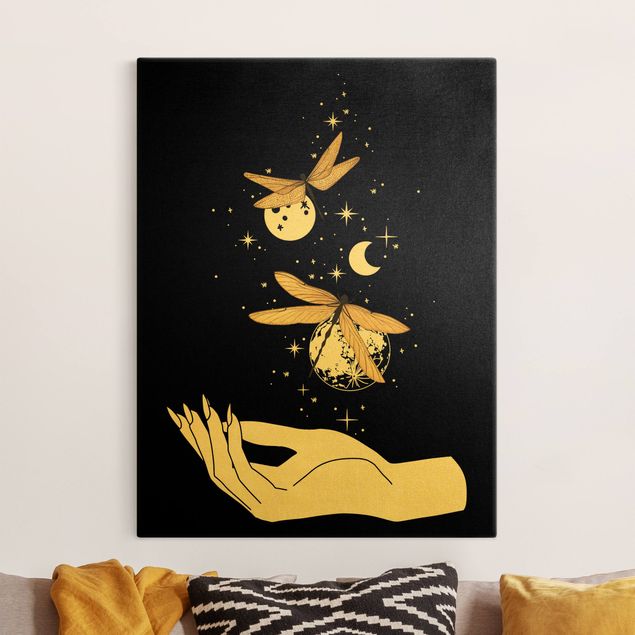 Canvas schilderijen - Goud Magical Hand - Dragonfies And Planets