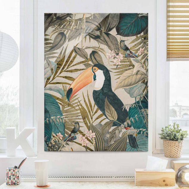 Glas Magnetboard Vintage Collage - Toucan In The Jungle