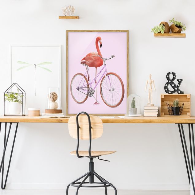Ingelijste posters Flamingo With Bicycle