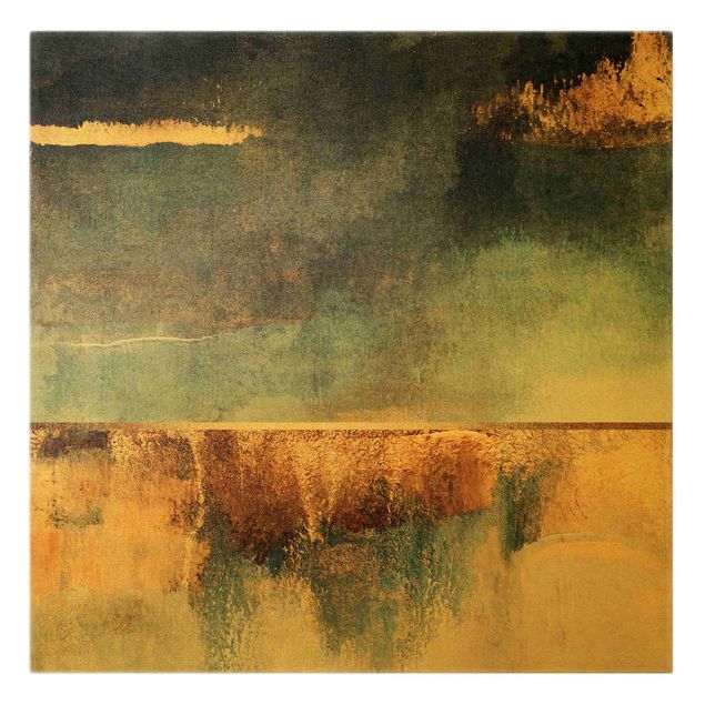 Canvas schilderijen Abstract Lakeshore In Gold