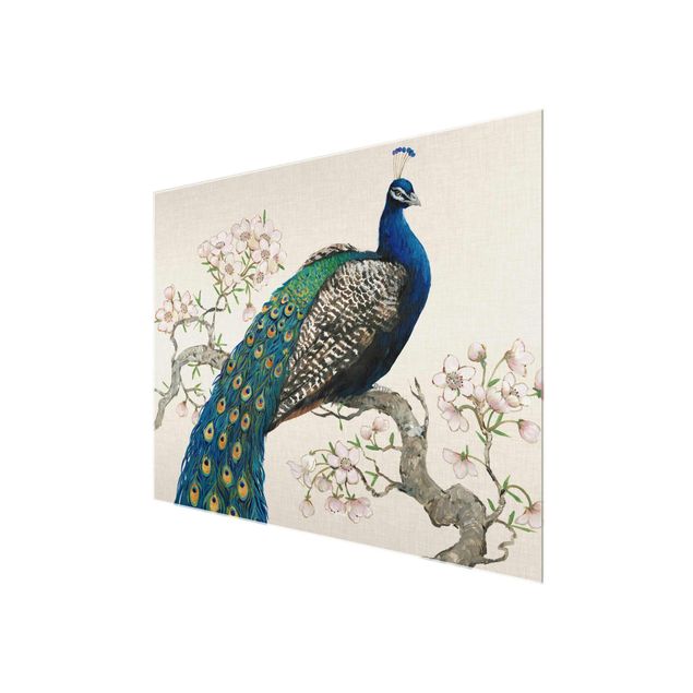 Glasschilderijen Vintage Peacock With Cherry Blossoms