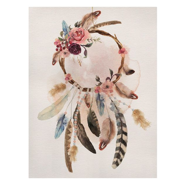 Canvas schilderijen Dream Catcher With Roses And Feathers
