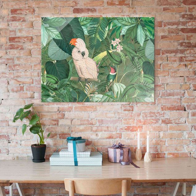 Glas Magnettafel Vintage Collage - Kakadu And Hummingbird