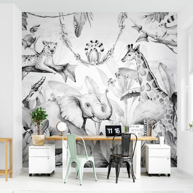 Fotobehang Watercolour Africa Animals Black And White