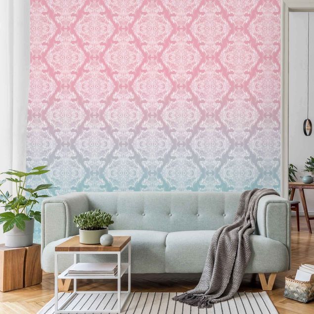 Fotobehang Watercolour Baroque Pattern With Blue Pink Gradient