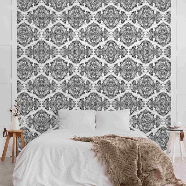 Fotobehang Watercolour Baroque Pattern With Ornaments In Gray